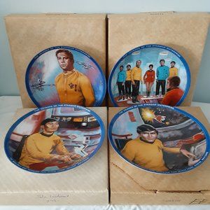 Four 1980's Ernst Star Trek Collector Plates; Beam Us Down, Kirk, Chekov, Sulu